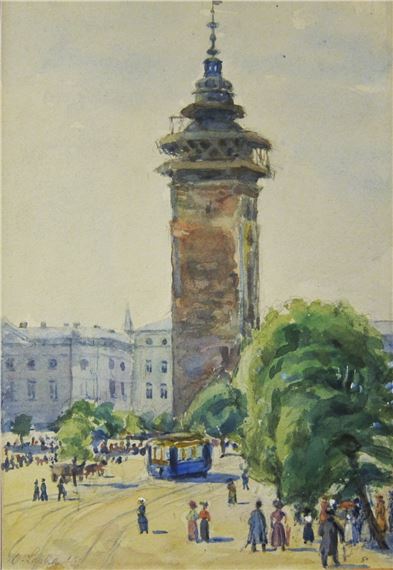 City view with tower by Oskar Laske