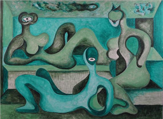 A surreal composition of three abstract, humanoid figures in a teal and green palette.