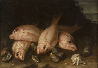 Peces y conchas sobre un paisaje - Pedro de Medina