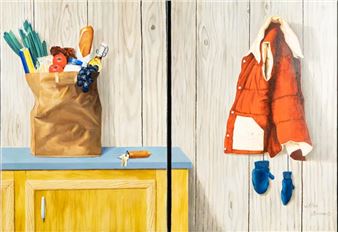 Stilleven met boodschappentas en en opgehangen jas - Willem Breddels