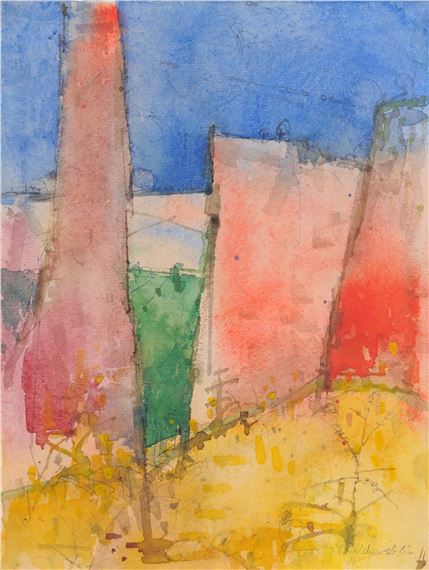 Heinrich Burkhardt | Landschaft mit roter Architektur (1982) | MutualArt