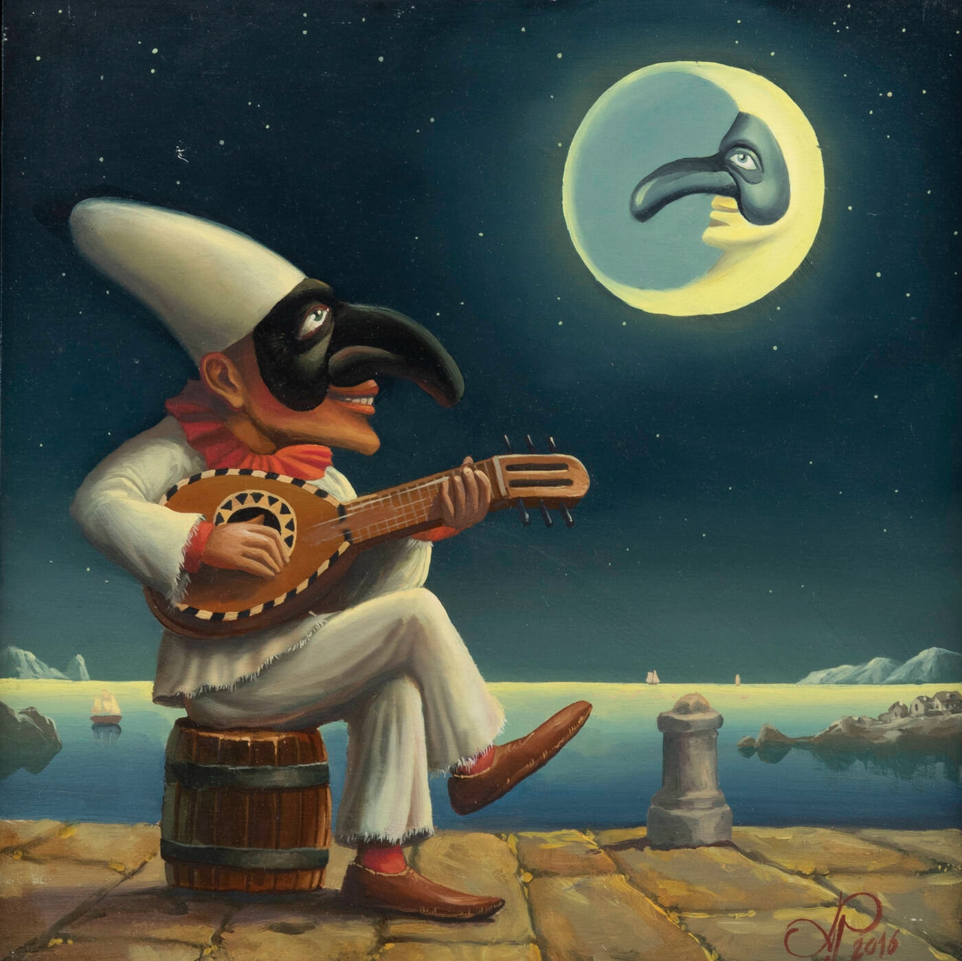 Artwork by Alexander Paramonov, "Pulcinella suona alla luna", Made of oil on panel
