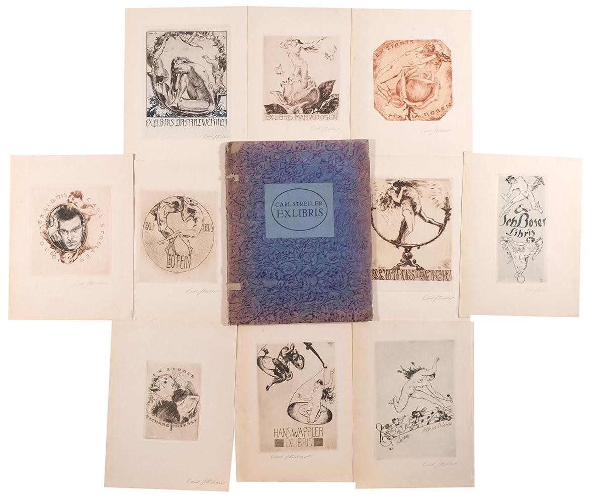 Artwork by Carl Streller, Carl Streller. Exlibris, Made of Etchings partially in color on paper