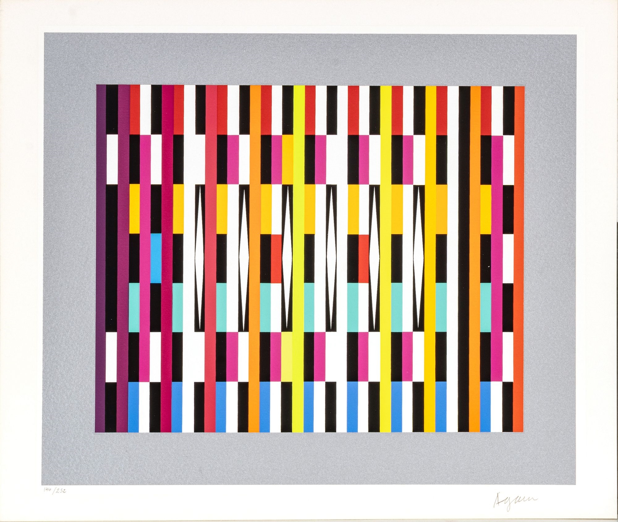 Artwork by Yaacov Agam, Yaacov Agam (Israeli, 1928) Silkscreens In Color On Wove Paper, High Rhythm; Pointed Rhythm; Vertical Rhythm 5, H 9.25'' W 10.75'' 3 pcs, Made of Silkscreens In Color On Wove Paper