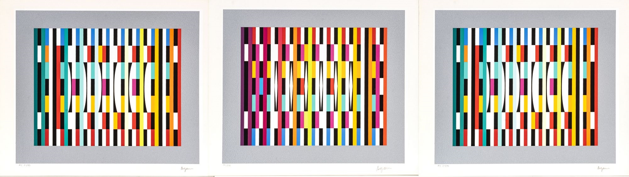 Artwork by Yaacov Agam, Yaacov Agam (Israeli, 1928) Silkscreens In Color On Wove Paper, High Rhythm; Pointed Rhythm; Vertical Rhythm 5, H 9.25'' W 10.75'' 3 pcs, Made of Silkscreens In Color On Wove Paper