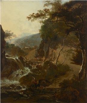 An Italianate landscape with figures and cattle crossing a bridge Picture