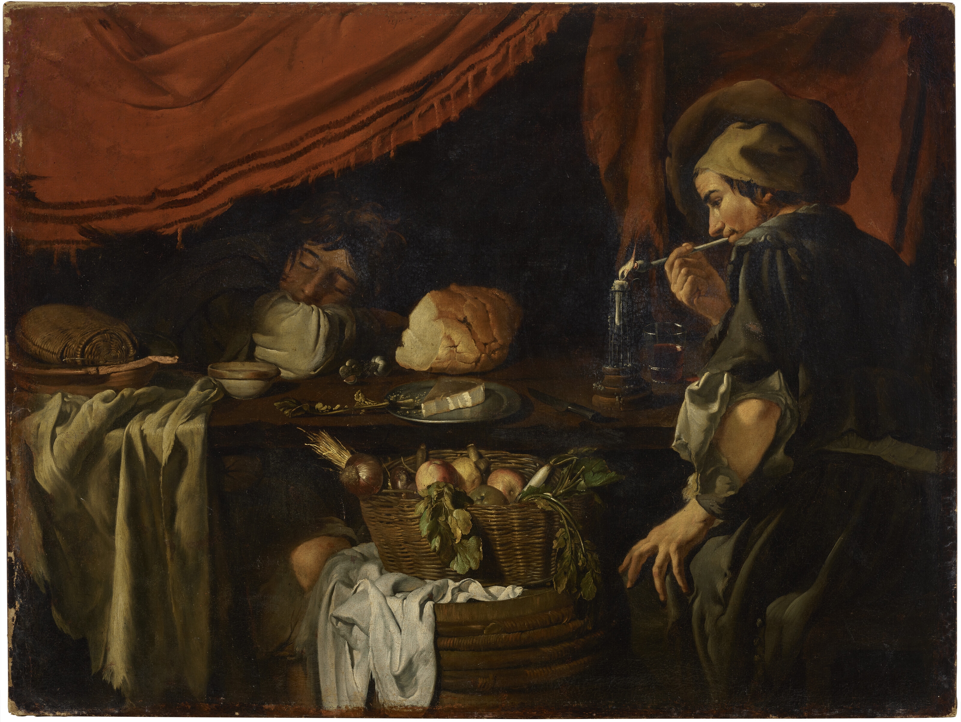 Flemish School 17th Century | A youth lighting his pipe at a laden ...