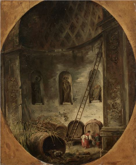 Hubert Robert | A mother and child drawing wine from a barrel in a ...