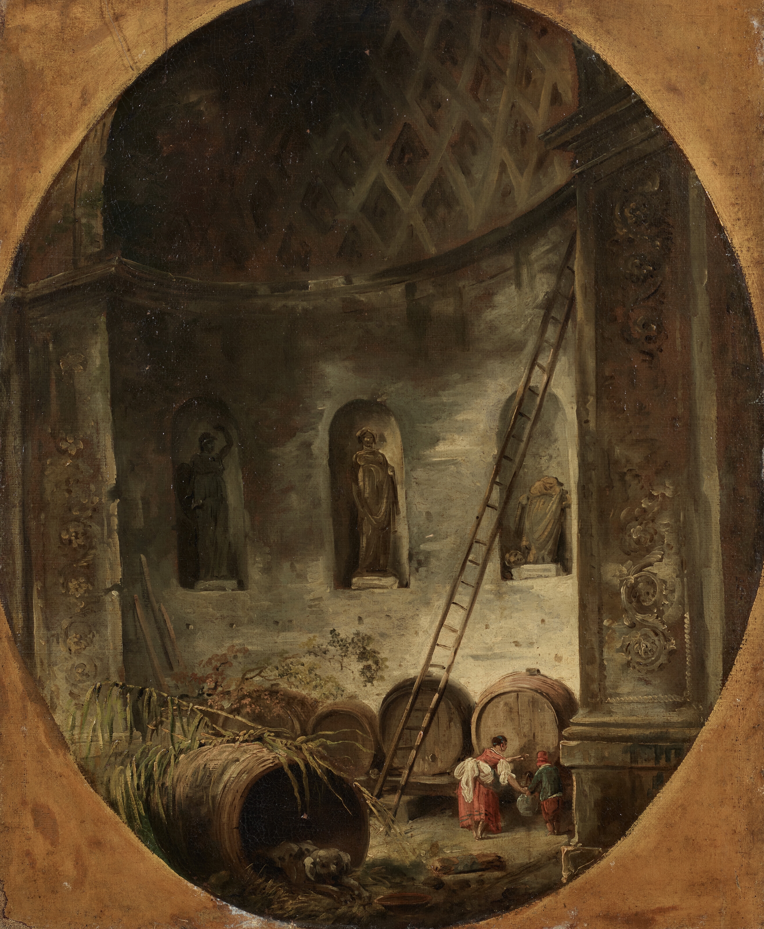 Hubert Robert | A mother and child drawing wine from a barrel in a ...