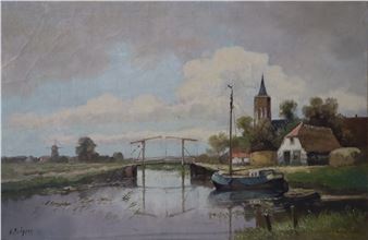 Harbor with windmill - Anton Rutgers