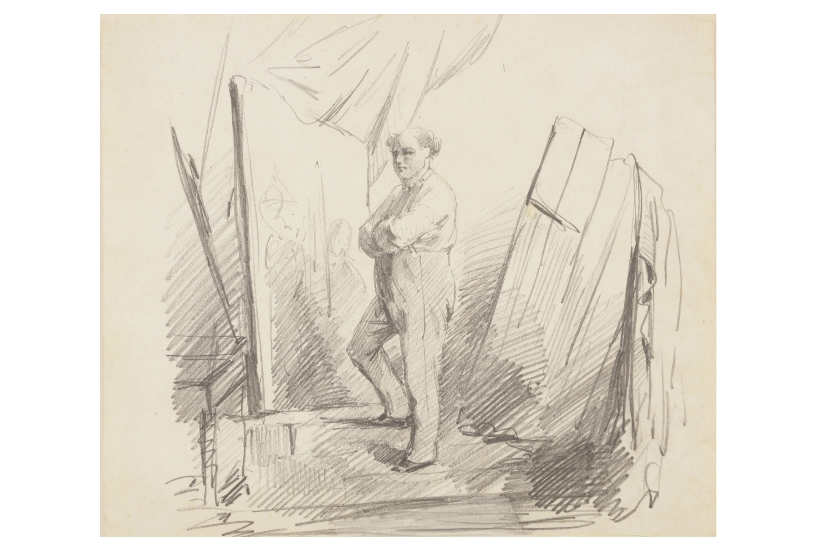 Artwork by Henry Monnier, An artist in his studio, Made of pencil on paper