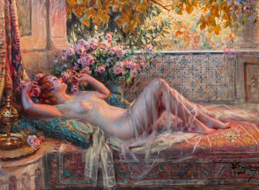 Nude languishing with roses by Delphin Enjolras