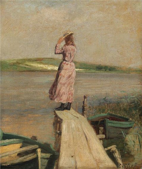 A young woman on a wooden pier by Cilius Andersen, 1898