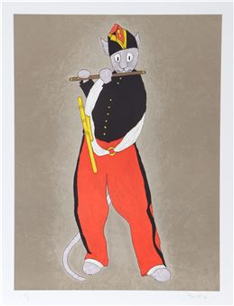 A whimsical illustration of a feline figure in a marching band uniform playing a flute.
