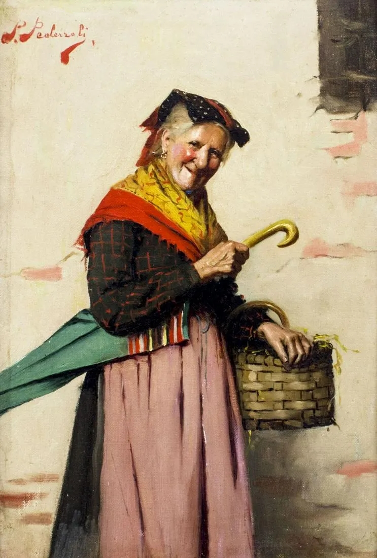 Artwork by Pietro Pederzoli, Old Woman with Basket and Umbrella, Made of oil on canvas