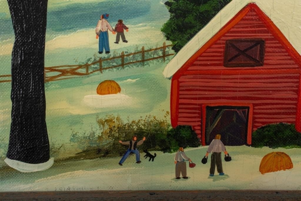 Artwork by Janet Munro, Winter in Fly Creek New York, Made of mixed media on masonite