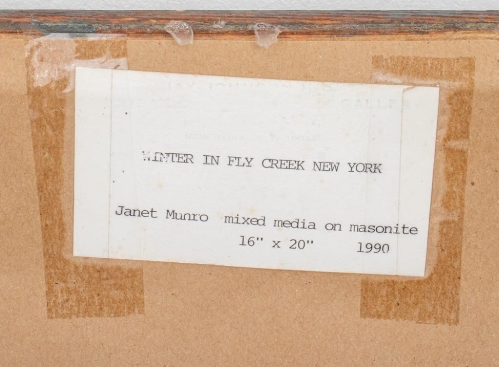 Artwork by Janet Munro, Winter in Fly Creek New York, Made of mixed media on masonite
