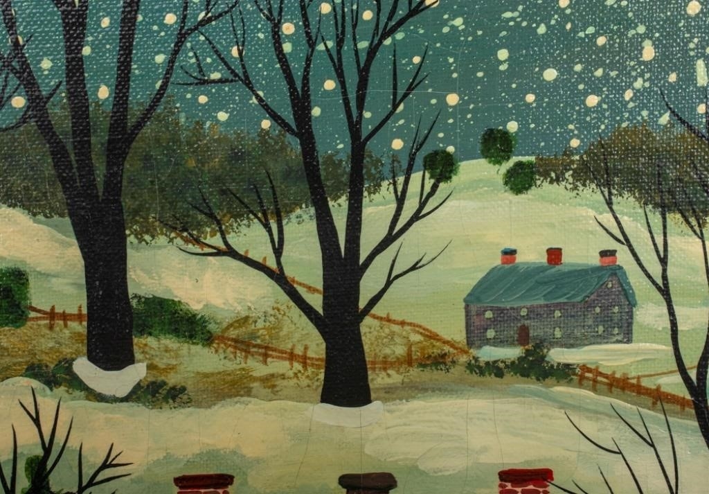 Artwork by Janet Munro, Winter in Fly Creek New York, Made of mixed media on masonite
