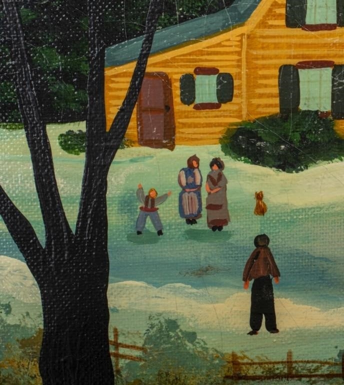 Artwork by Janet Munro, Winter in Fly Creek New York, Made of mixed media on masonite