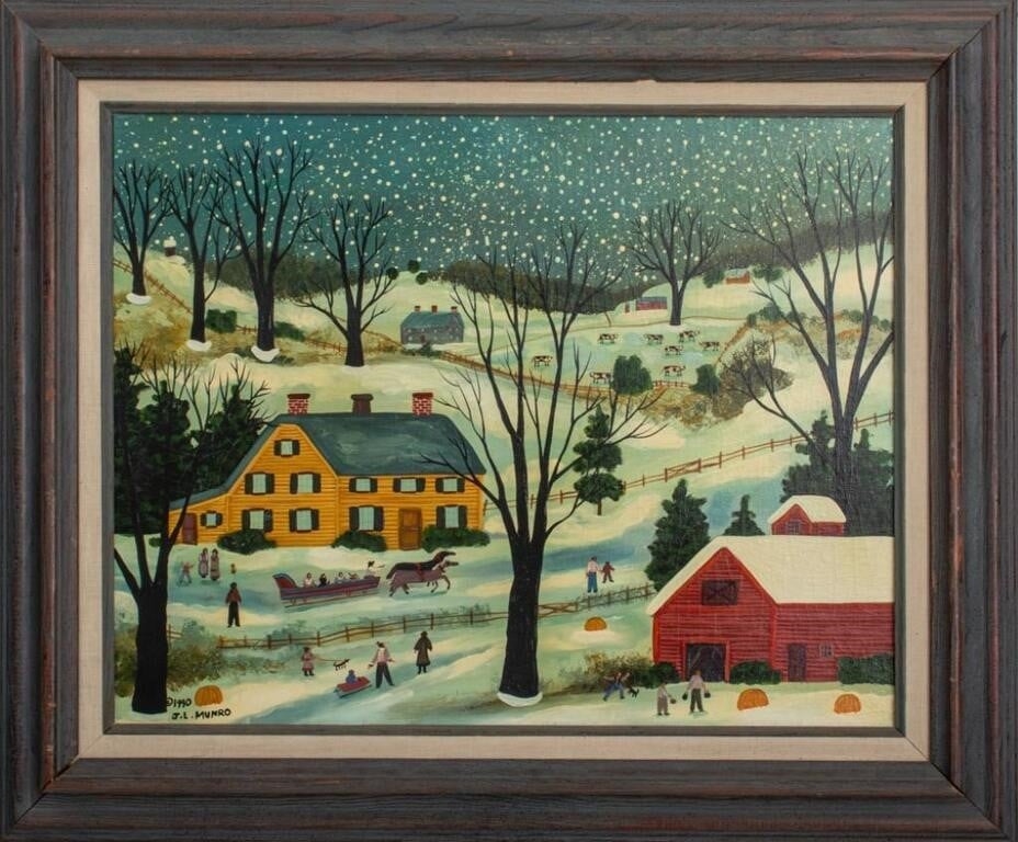 Artwork by Janet Munro, Winter in Fly Creek New York, Made of mixed media on masonite