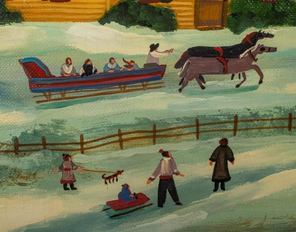 Artwork by Janet Munro, Winter in Fly Creek New York, Made of mixed media on masonite