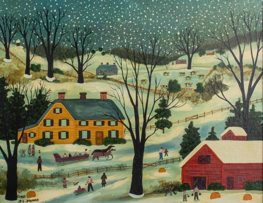 Artwork by Janet Munro, Winter in Fly Creek New York, Made of mixed media on masonite