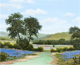 Bluebonnets Landscape - Shades of Green and Blue - J. Luther