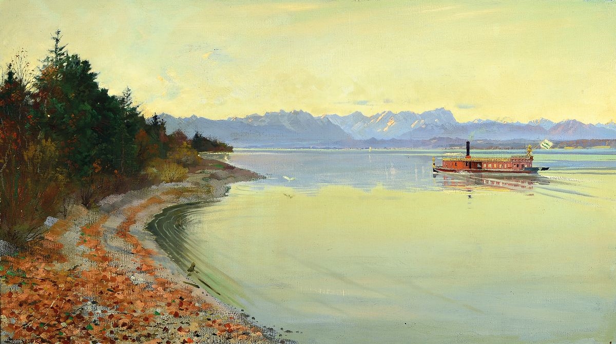 August Roeseler | bavarian lake in the alps with excursion steamer ...