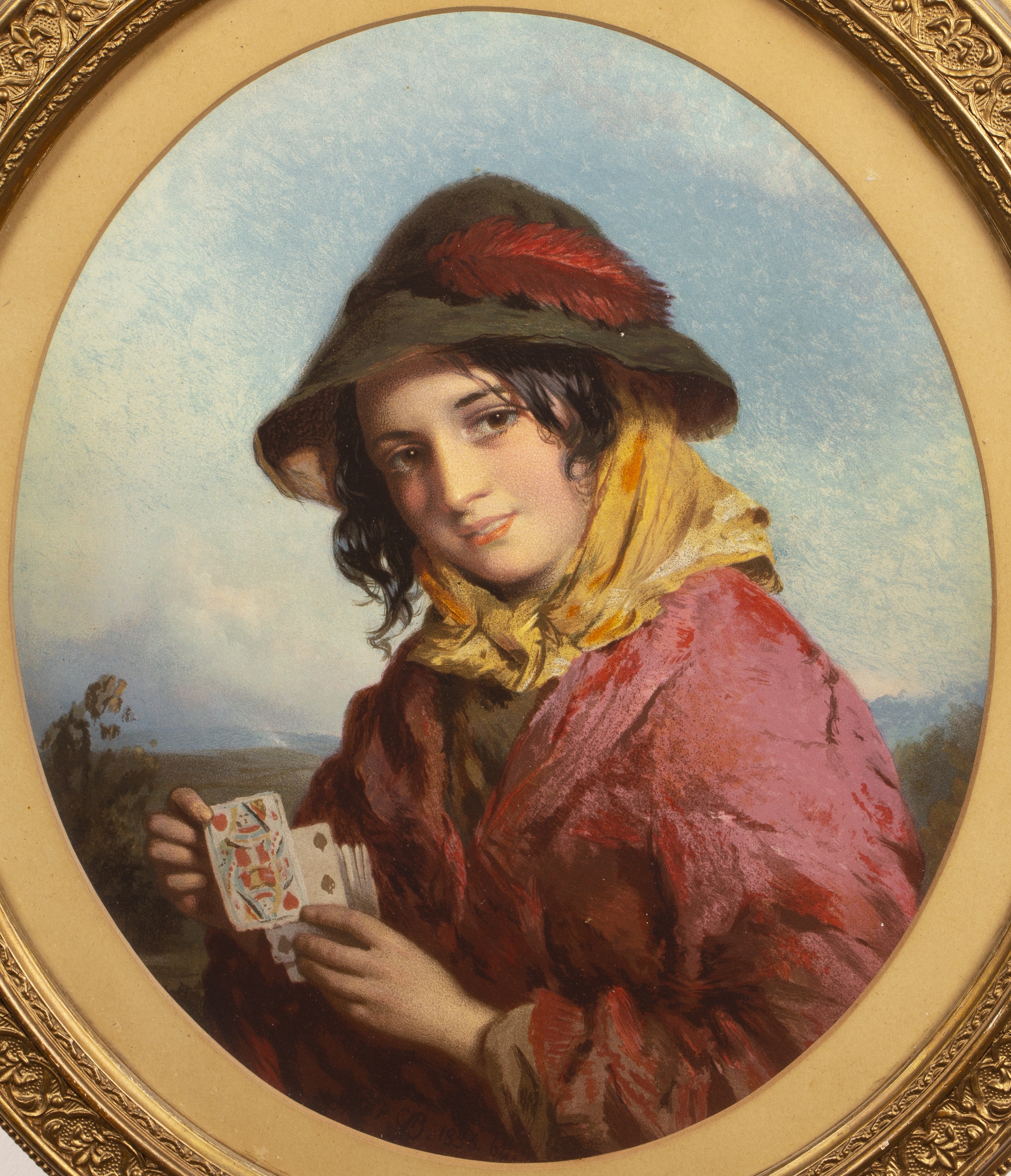 George Baxter | coloured print of a girl holding playing cards | MutualArt