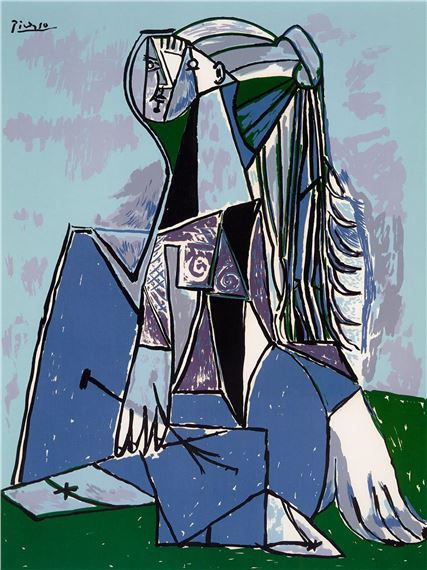 A painting of a woman sitting on a green surface.