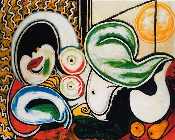 A painting of a woman's face surrounded by fruit and vegetables.