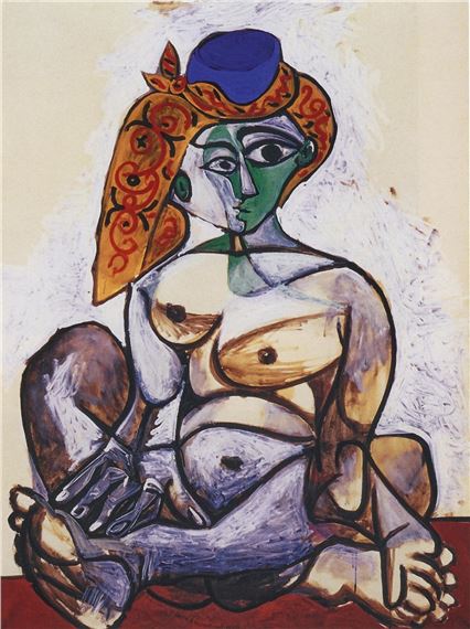 A painting of a woman sitting on a red surface.