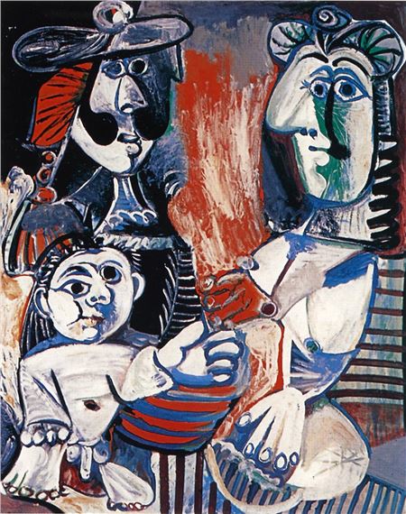 A painting of a woman holding a baby and a man holding a child.