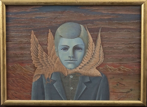 Artwork by Haim Satat, Blauer Kopf mit Vögeln' / 'Blue head with birds