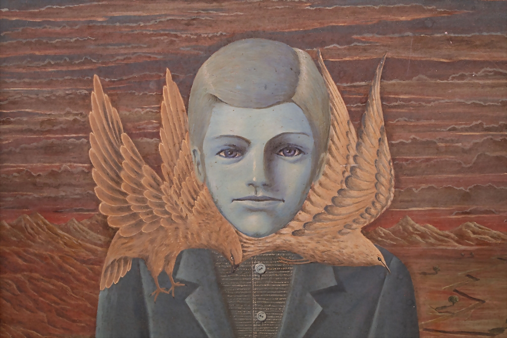 Artwork by Haim Satat, Blauer Kopf mit Vögeln' / 'Blue head with birds
