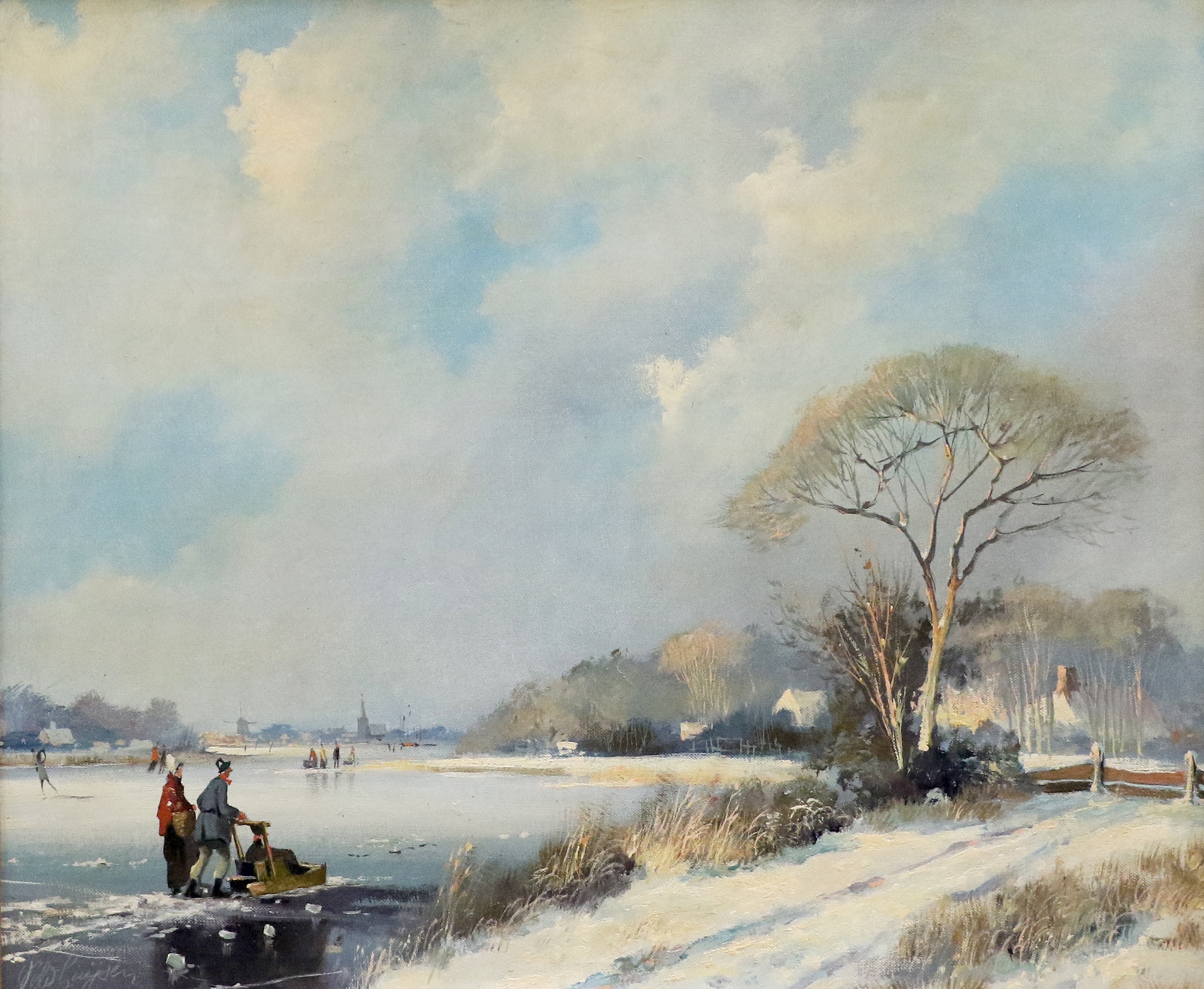 Artwork by Vincent Veldhuysen, Skating Scene on a Frozen River, Made of oil on canvas