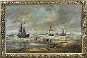 Strandgezicht met bomschuiten en vissersvolk - J.w. W. Bodamer