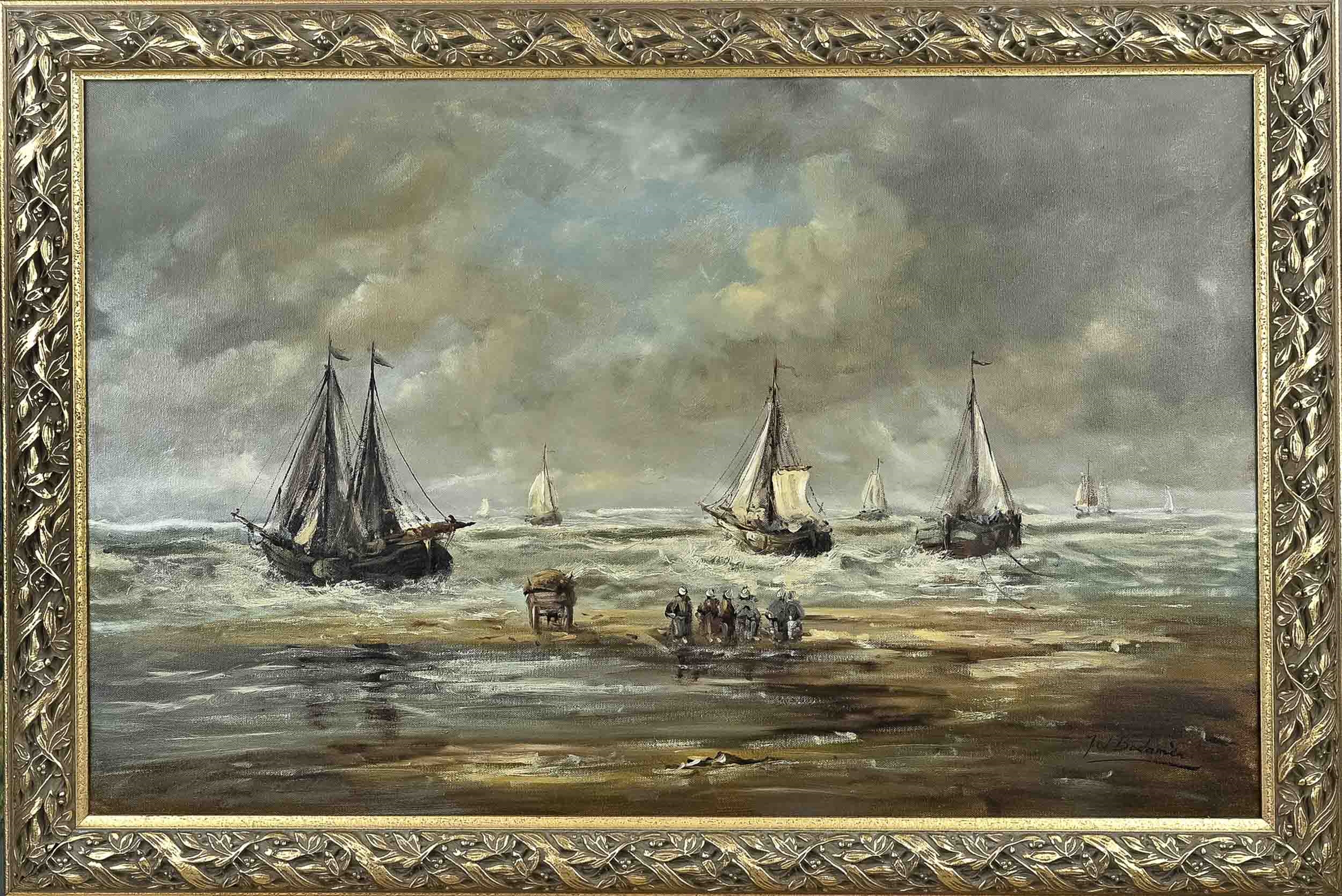 J. W. Bodamer | Strandgezicht met bomschuiten en vissersvolk | MutualArt