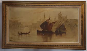 Venetian water scene with gondolas - H. Knight