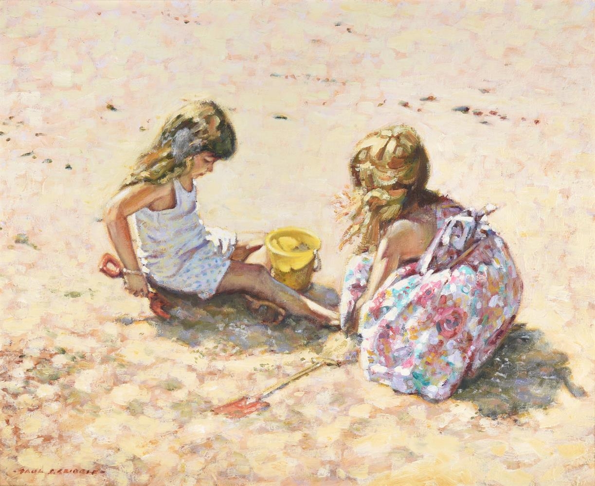 Artwork by Paul S. Gribble, GIRLS PLAYING ON THE BEACH WITH BUCKET AND SPADE, Made of Oil on canvas