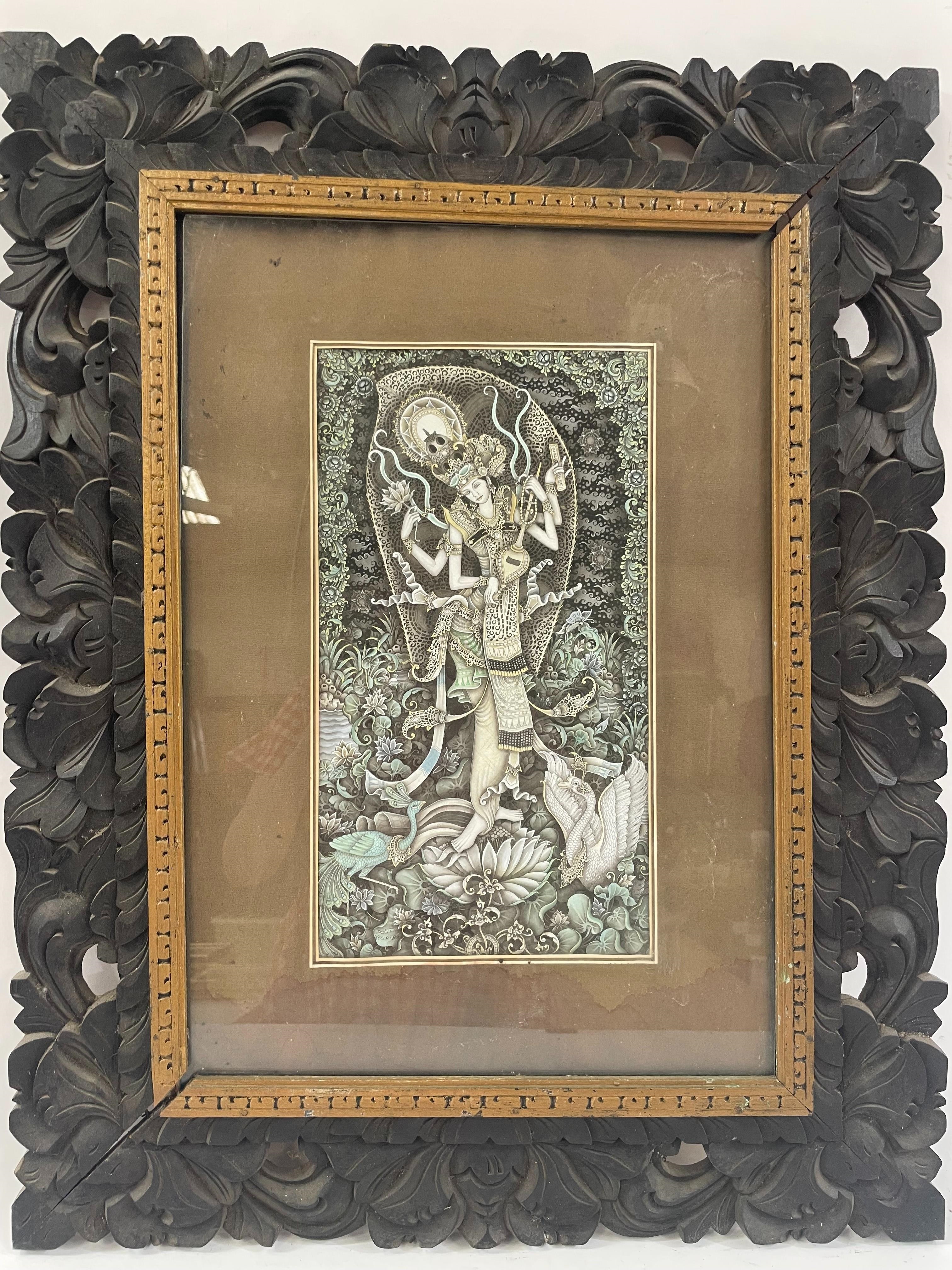 Artwork by I Wayan Dolik, Goddess Saraswati, Made of Pen, ink & watercolour on paper