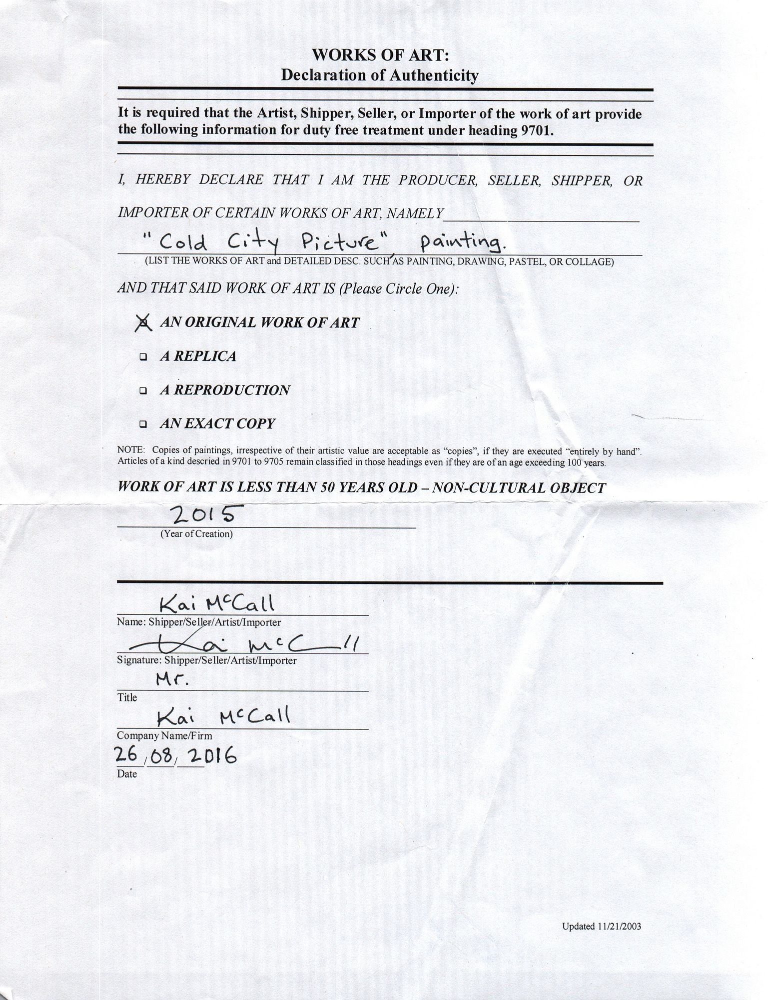 Artwork by Kai McCall, Kai McCall "Cold City Picture" Oil Painting, Made of Oil on canvas