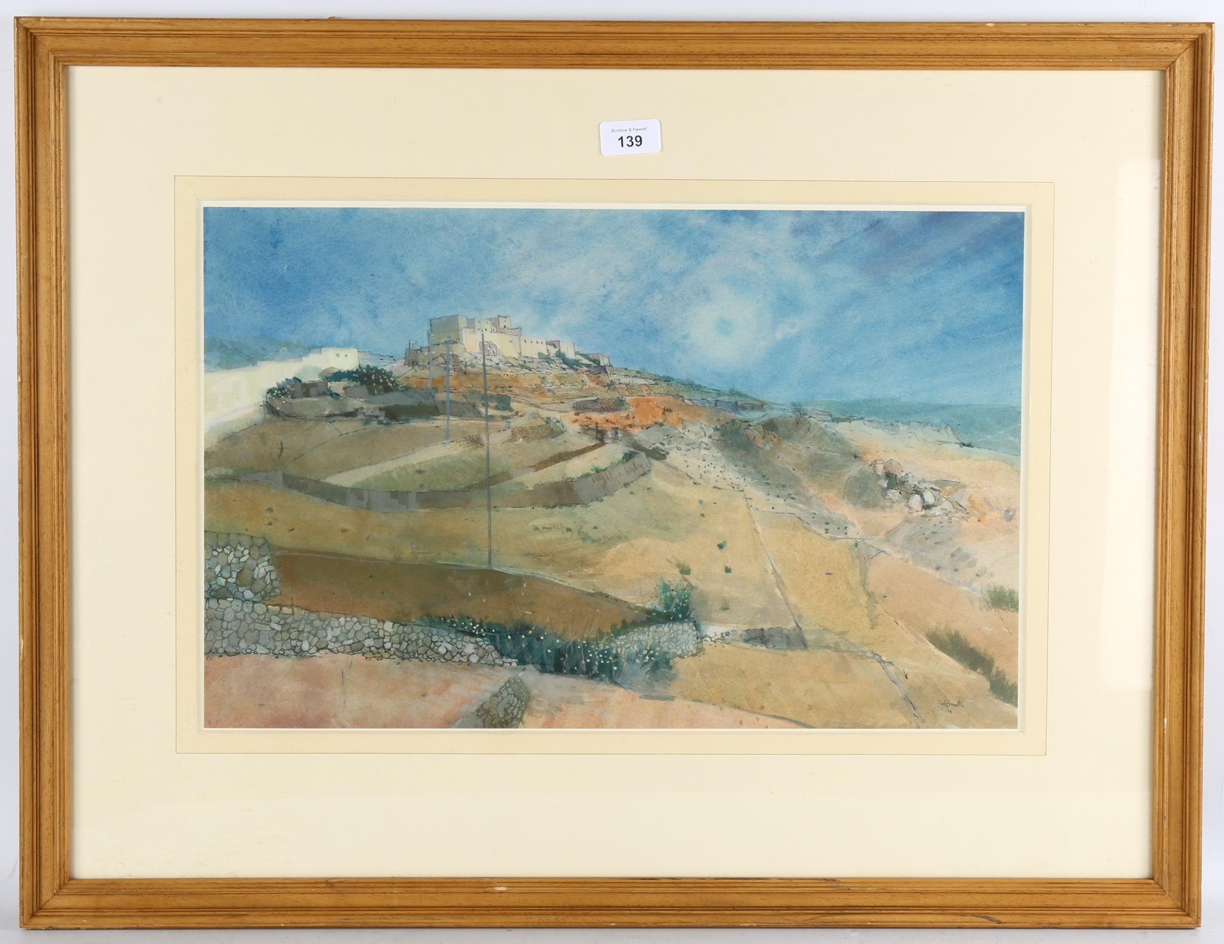 Artwork by Erik Smith, view toward a North African hilltop village, Made of watercolour