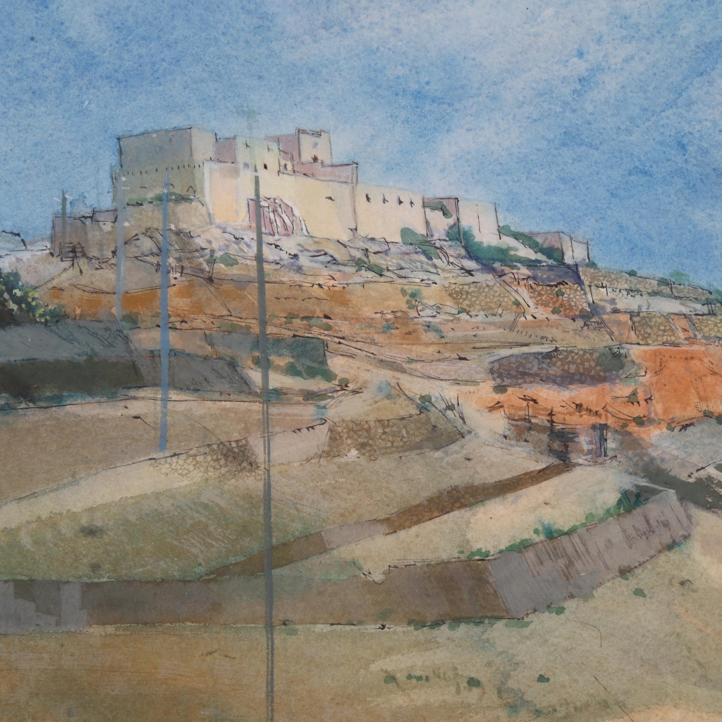 Artwork by Erik Smith, view toward a North African hilltop village, Made of watercolour