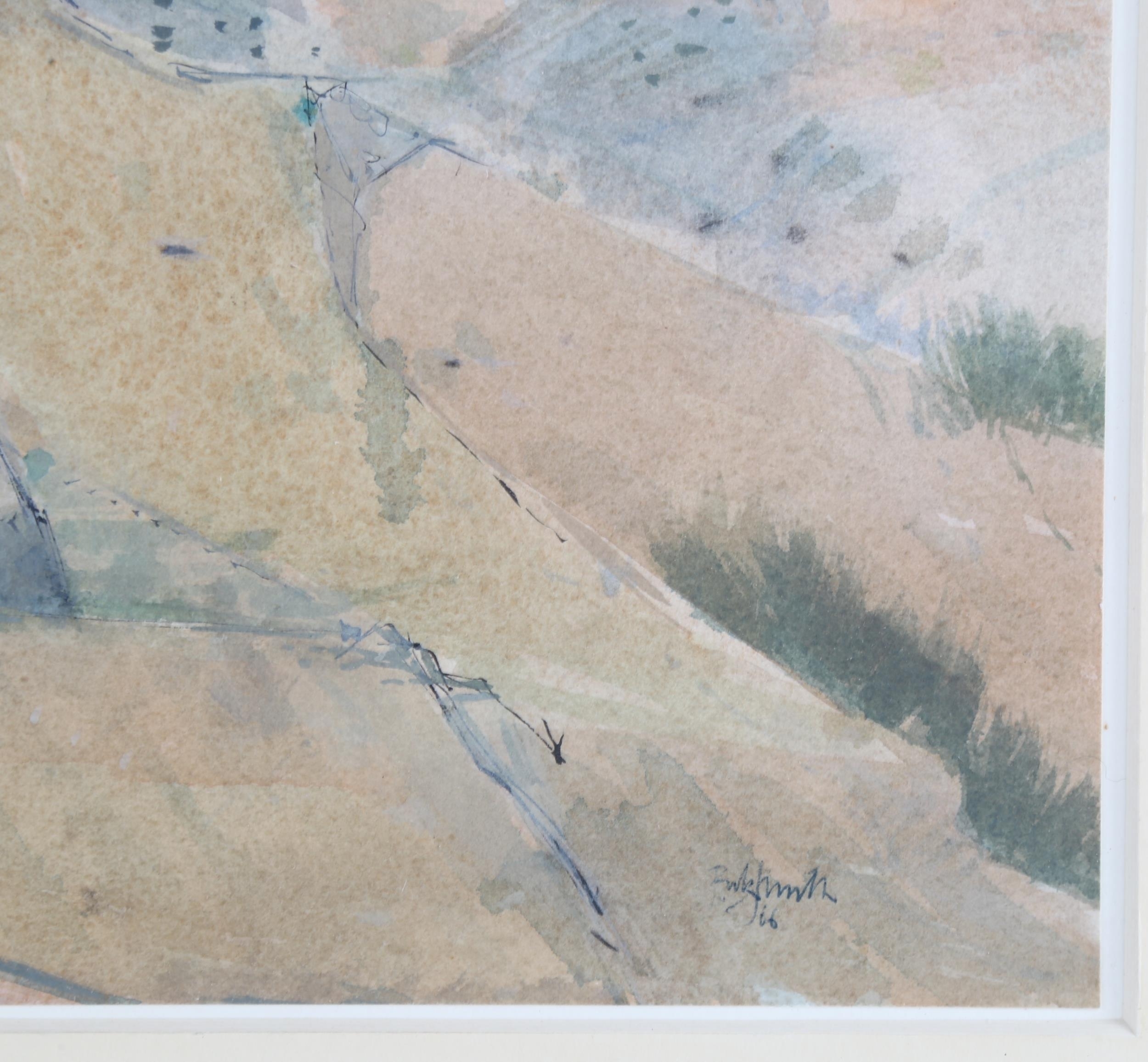 Artwork by Erik Smith, view toward a North African hilltop village, Made of watercolour