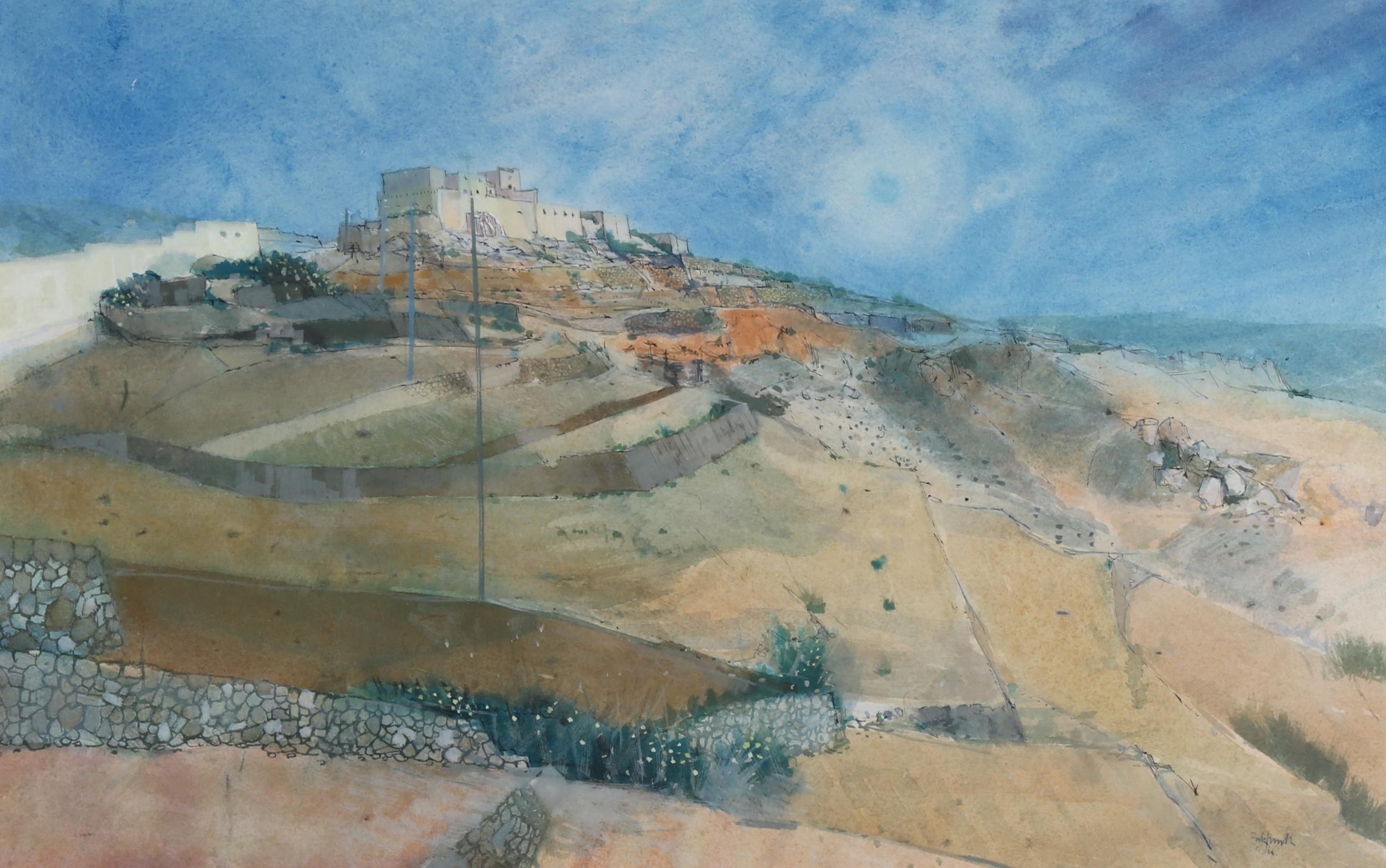 Artwork by Erik Smith, view toward a North African hilltop village, Made of watercolour