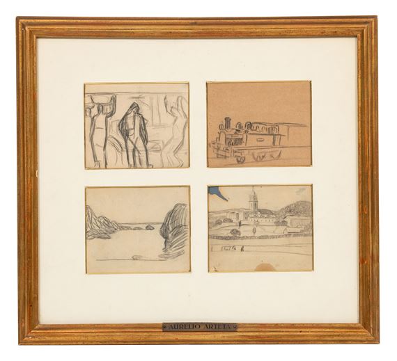 Personajes ; Tren ; Cala ; Vista de iglesia by Aurelio Bibiano de Arteta y Errasti