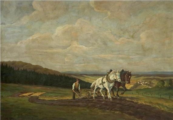 Pflügende Pferde in schwäbischer Landschaft by Wolfgang Zeller