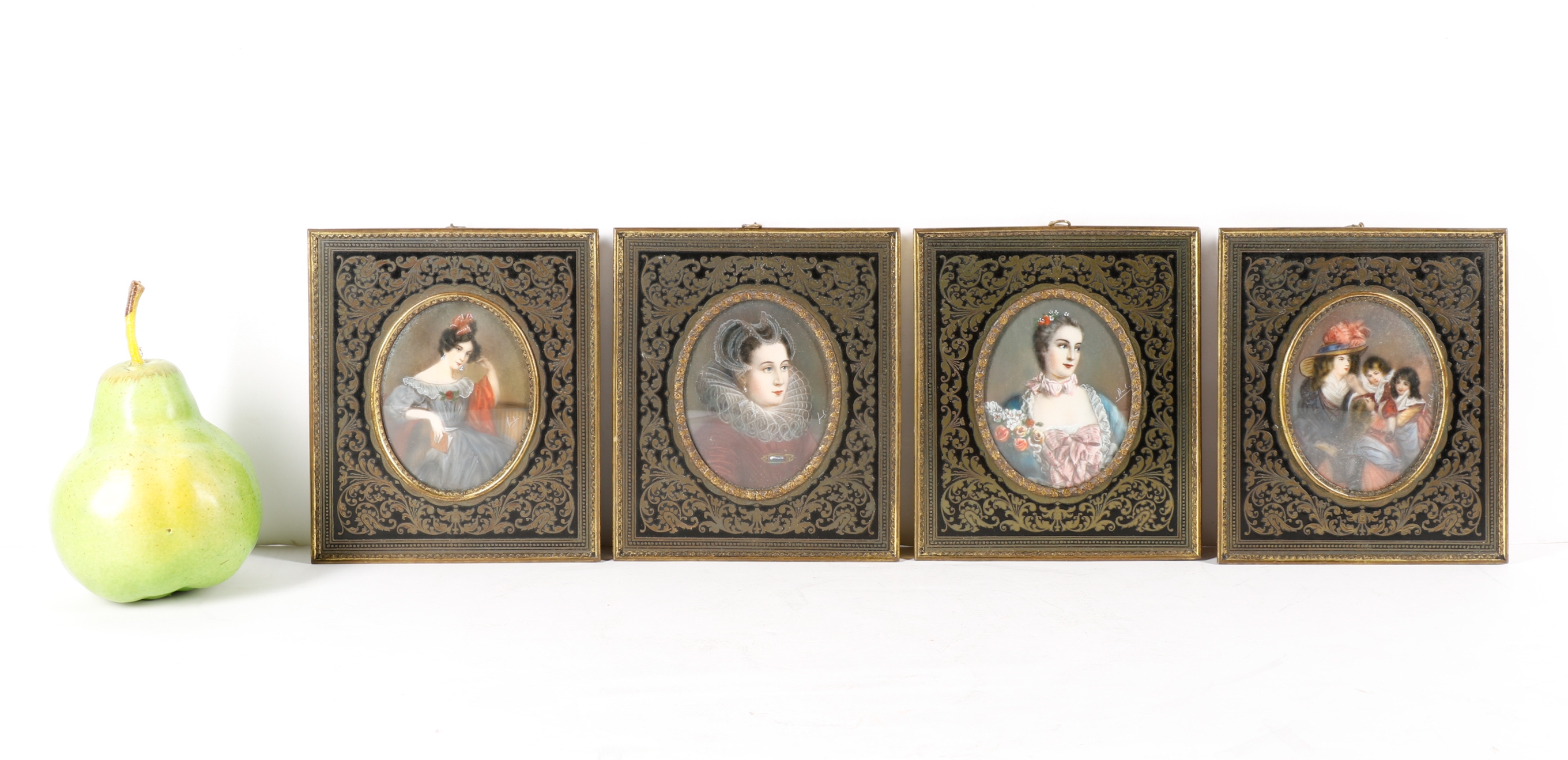 Artwork by Mary Stuart, Collection of 4 Miniature Portraits, 19th C., Made of red bound