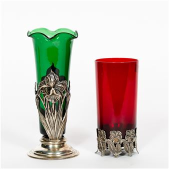 2 Art Nouveau Glass/Sterling Vases-Atlanta Maker - The Green Vase
